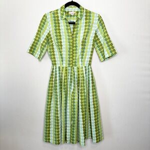 Vintage 50s 60s Green Clover Print Dress Size S Zip Front Pleated Fit and Flare